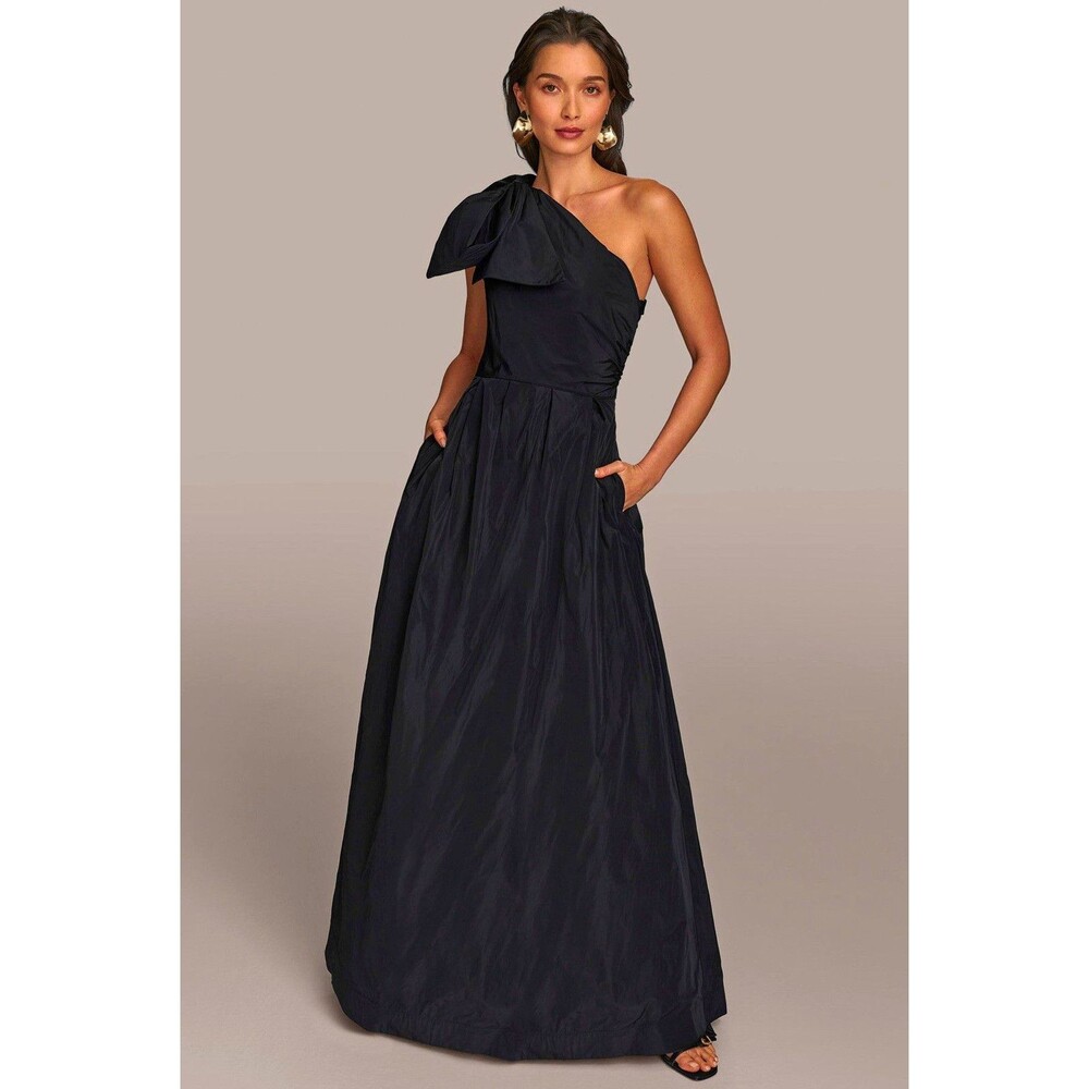 Donna Karan Black Satin One Shoulder Bow Long Maxi Gown Dress size 4